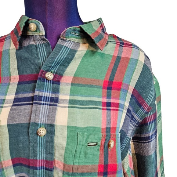 Polo Ralph Lauren Green & Red Linen/Silk Blend Plaid ButtonDown Shirt Size XL J4 - Picture 3 of 10